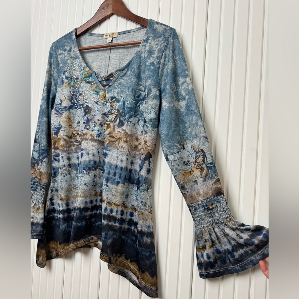 Y2K One World Fairy Asymmetrical Top M Floral Bell Sleeve Festival Whimsical